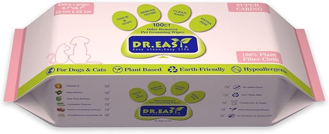 DR.EASY Super Caring Pet Wipes 100ct for Dogs and Cats, Cleans Ears, Face, Butt, Body and Eye Area – Convenient, Ideal for Home or Travel