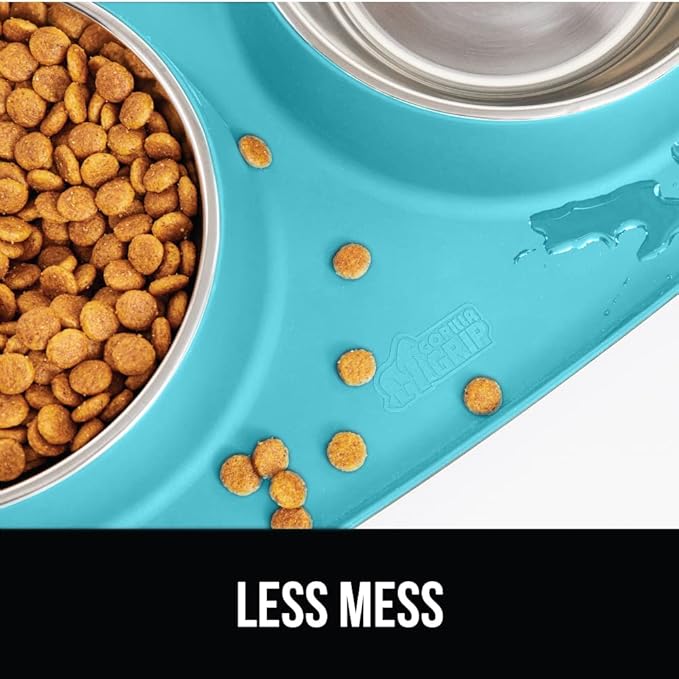 GORILLA GRIP Patent Pending 100% Waterproof BPA Free 4 Cup Cat and Dog Bowls Silicone Feeding Mat Set, Stainless Steel Bowl Slip Resistant Raised Edges, Catch Water, Food, Pet Accessories, Turquoise