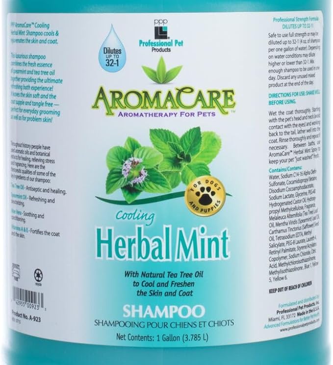 Professional Pet Products PPP AromaCare Cooling Herbal Mint Shampoo for Dogs - Spearmint & Tea Tree Oil - Natural Healing & Rejuvenating Wash for Skin and Coat - 1 Gallon