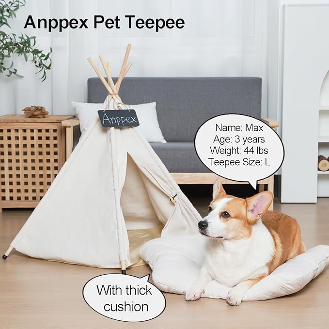 ANPPEX 32-Inch Dog Teepee Tent Indoor,XL Size Pet Tent Bed for Large and Medium Dogs,Indoor Dog House with Thick Cushion,White