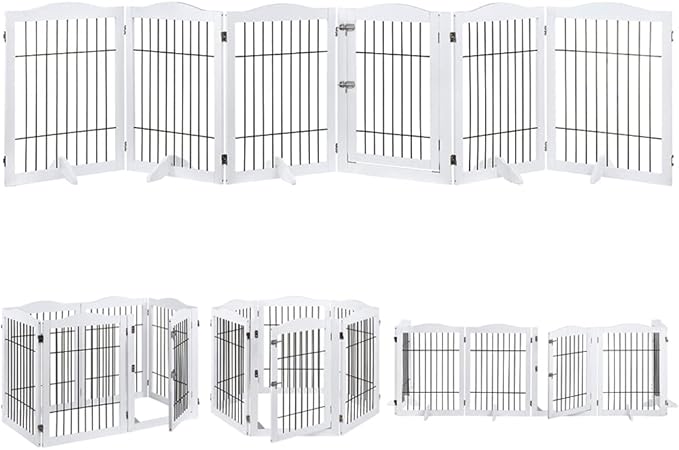 beeNbkks Extra Wide Pet Gate, 6 Panels Freestanding Dog Gate with Walk Through Door and 5 Support Feet, Foldable Pet Barrier Fence for Stairs Doorways Fireplace, Indoor Exercise Playpen for Dogs Cats