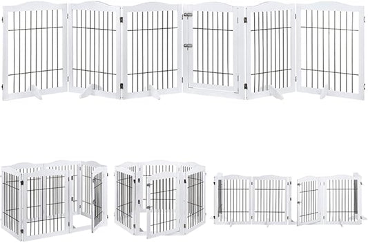 beeNbkks Extra Wide Pet Gate, 6 Panels Freestanding Dog Gate with Walk Through Door and 5 Support Feet, Foldable Pet Barrier Fence for Stairs Doorways Fireplace, Indoor Exercise Playpen for Dogs Cats