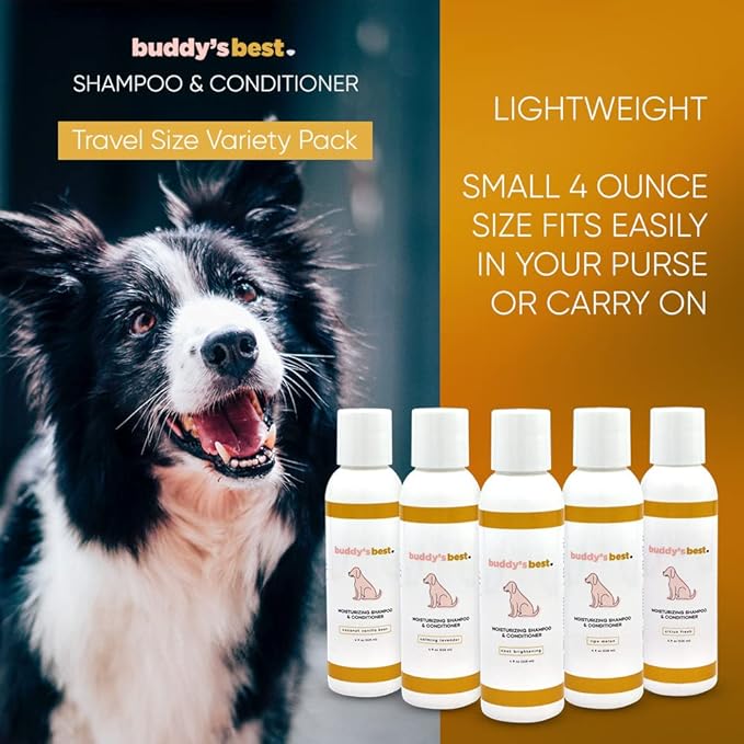 Buddy’s Best 4oz Variety Pack Dog Shampoo and Conditioner with Shea Butter, Oatmeal, Biotin, and Aloe Vera, Alcohol-Free Deep Moisturizer for Dry, Itchy Skin and Coats
