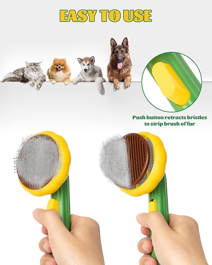 Cat Brush for Shedding, Sunflower Shape Self Cleaning Slicker Brush for Dogs Cats Puppy Rabbits, Cat Hair Brush for Removing Loose Hair, Fur, Undercoat, Mats, Tangled Hair, Knots