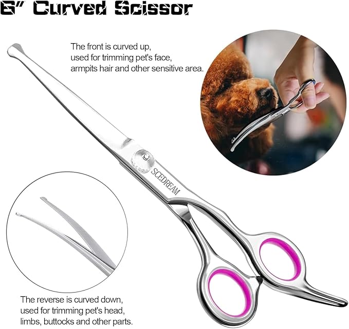 Dog Grooming Scissors - 3 in 1 Pet Grooming Shears Set, Curved Tips, Pink