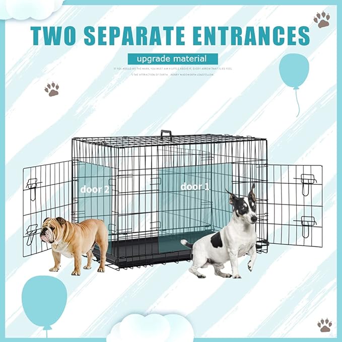 Dog Crate Cage Kennel for Large Medium Dogs Pet Puppy Playpen Wire Animal Metal Folding Travel Divider Double-Door Handle Plastic Tray Indoor Outdoor Double Lock Black Rabbit 24 30 36 42 48 inches