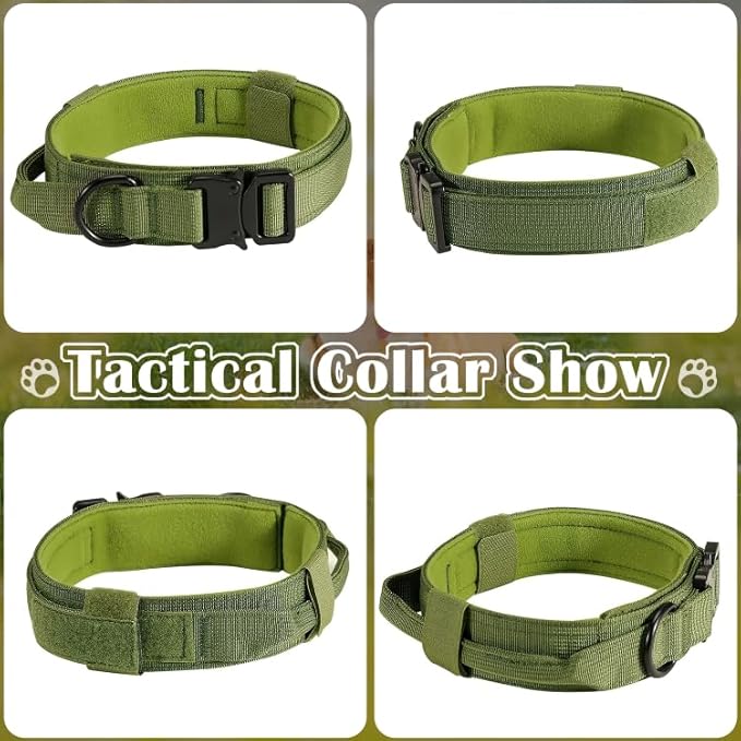 Tactical Dog Collar with Handle, Heavy Duty Military Dog Collar with Heavy Metal Buckle for Training, Adjustable Tactical Collars for for Medium and Large Dogs (L, Green)