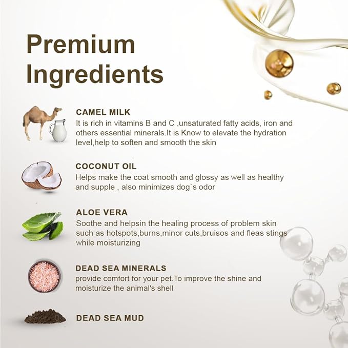 Pet Dog Shampoo Mud and Natural Dead Sea Mineral Rich, Aloe Vera & Vitamin-E, Soothing, Soften, Anti Dandruff, Cleansing- Camel Milk & Coconut Oil - (1) Bottle 16.5 FL OZ