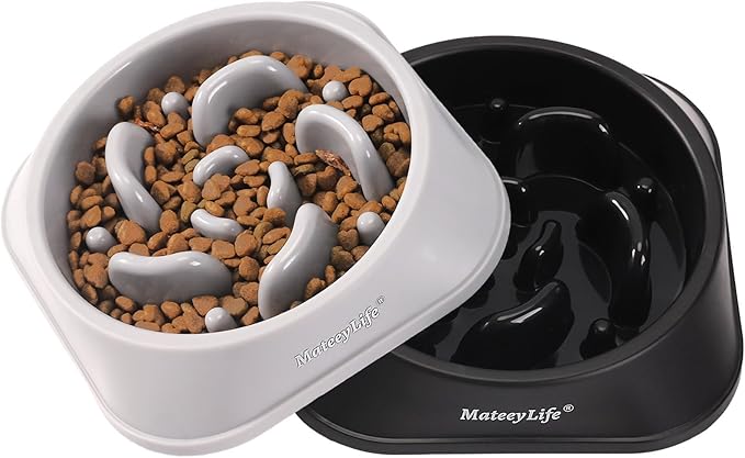MateeyLife Slow Feeder Dog Bowls 2PCS, Anti-Choking Puzzle Dog Food Bowls, Anti-Slip Interactive Feeding Slow Down Eating, Bloat Stop Maze Dishes for Medium Large Breeds Gray&Black
