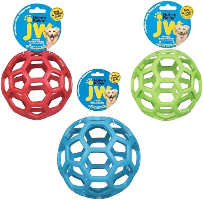 JW Pet Hol-ee Roller Dog Toy Puzzle Ball, Natural Rubber, Small (3 Inch Diameter), Colors May Vary
