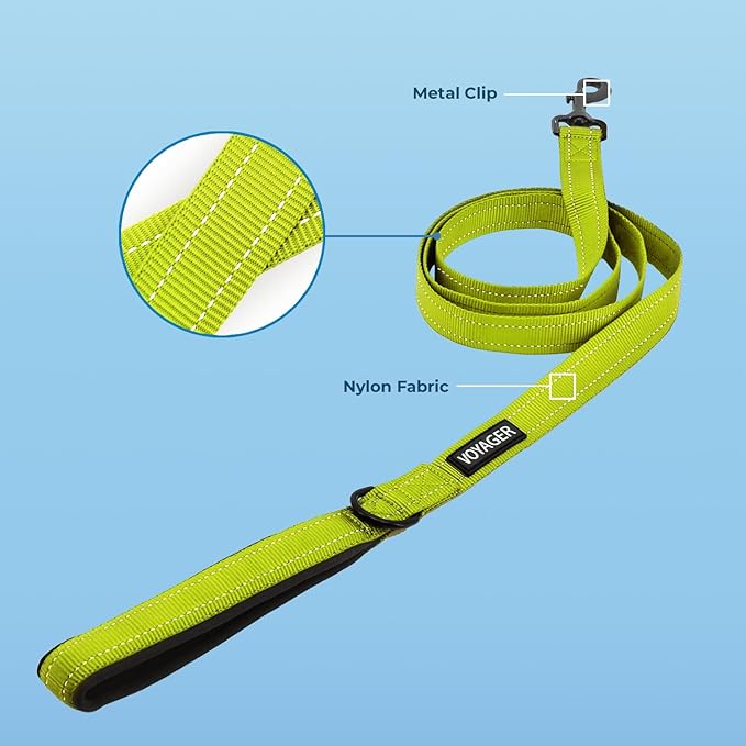 Voyager Reflective Dog Leash Collar Set with Neoprene Handle Supports Small, Medium, and Large Breed Puppies, Cute and Heavy Duty for Walking, Running, and Training - Lime Green, L