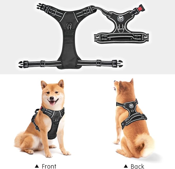PoyPet Dog Harness No Pull, Reflective Adjustable No Choke Pet Vest with Front & Back Clips, Soft Padded and Control Training Handle for Large Dogs(Black,XL)