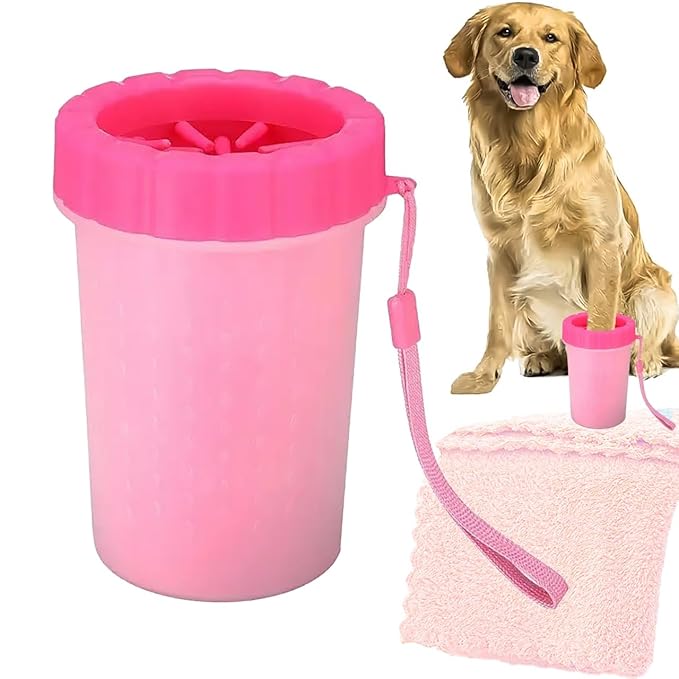 Dog Paw Cleaner Cup – Portable & Mess-Free Pet Paw Washer for Small & Medium Dogs, Silicone Bristle Paw Cleaner with Quick-Dry Towel – Easy Dog Paw Washing Cup for Muddy Paws (pink, one size)