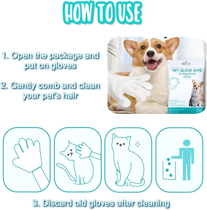 Dog and Cat Cleaning Gloves, Cleaning and Deodorizing Grooming Gloves, Dog and Cat Fur Face, Ears, Eyes, Paws Cleaner, Pet Grooming Wipes, Nourishing Fur, for Daily Care and Travel, No Rinse (6 Pcs)