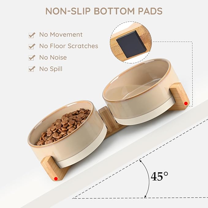 SPUNKYJUNKY Ceramic Dog and Cat Bowl Set with Wooden Stand, Modern Cute Weighted Food Water Bowl Set for Small Size Dogs (1.7 Cups, 2 × Pattern Brown)