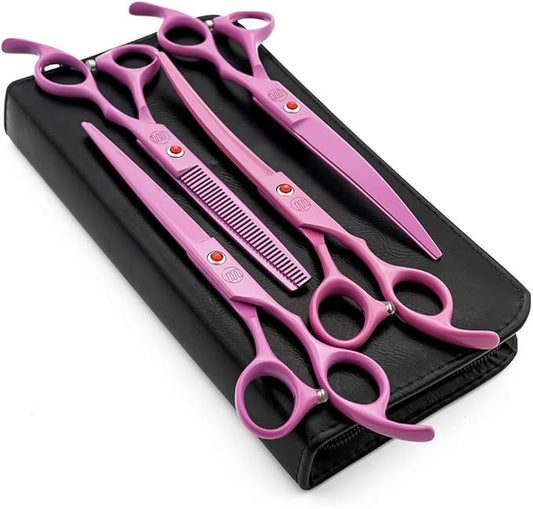 Moontay Professional 7.0" Dog Grooming Scissors Set, 4-pieces Straight, Upward Curved, Downward Curved, Thinning/Blending Shears for Dog, Cat and Pets, JP Stainless Steel, Pink