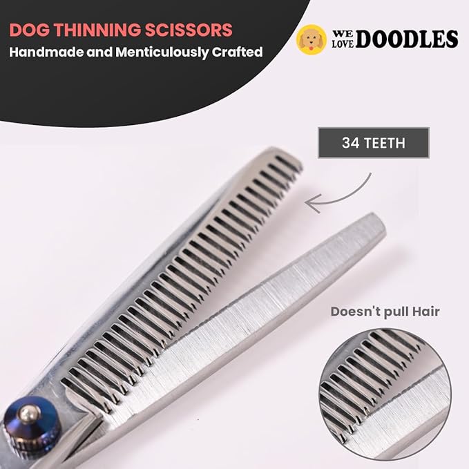 Dog Grooming Scissors Kit with Rounded Blunt Tips - Straight, Curved & Thinning Shears - Best Tools for Goldendoodles, Poodles & Doodles - Professional Grade Steel, 4 Pc Set [We Love Doodles]
