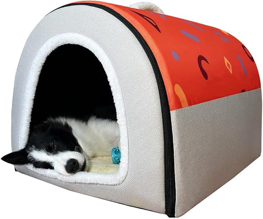 Dog Bed,2 Ways to Use,Indoor Pet House with Fluffy Mat,Removable and Washable Cover,Splash-Proof House and Non-Slip Bottom,for Large Dogs(XL Orange & Gray)