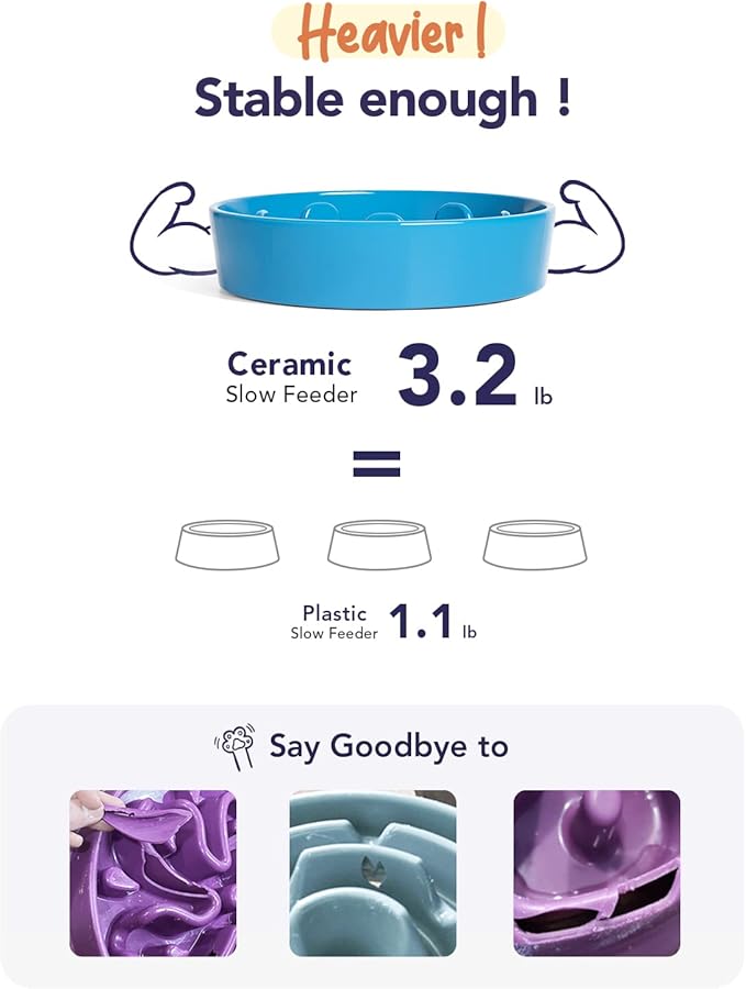 LE TAUCI Ceramic Slow Feeder Dog Bowl Elevated for Small and Medium Breed, With Wooden Stand, 1.5 Cups to Slow Down Eating, Anti-Gulping Pet Feeding Dish, Vortex Blue