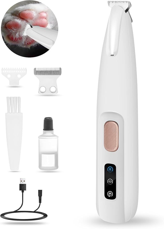Dog Paw Trimmer with LED Light, Ultra-Low Noise Dog Trimmer Grooming Kit with Replacement Blades, Waterproof Rechargeable Pet Hair Clippers for Small Dogs Cats Paws, Eyes, Ears, Face, Rump