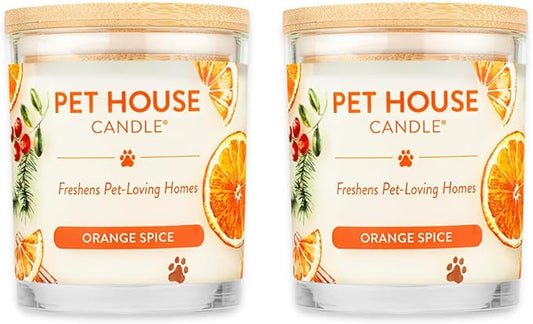 One Fur All Pet House Candle 2 Pack - Plant-Based/Soy, Long Lasting Pet Odor Candle for Home - Orange Spice