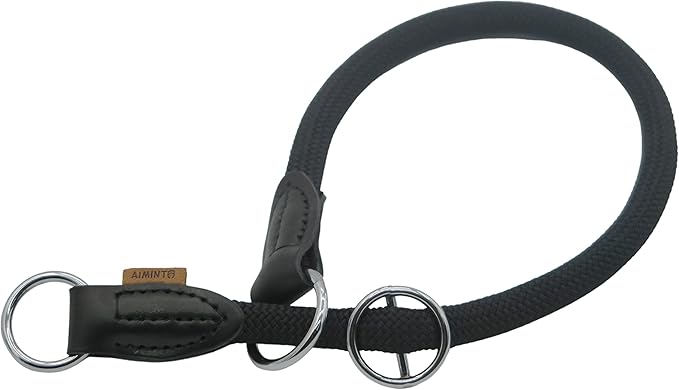 Braided Collar, Pro Training Dog Collar, No Pull Round Collar, Slip Collar with Slidable Stop Ring - Ideal for Medium/Large Dogs (M+(1/2") - 18" Long, Black)