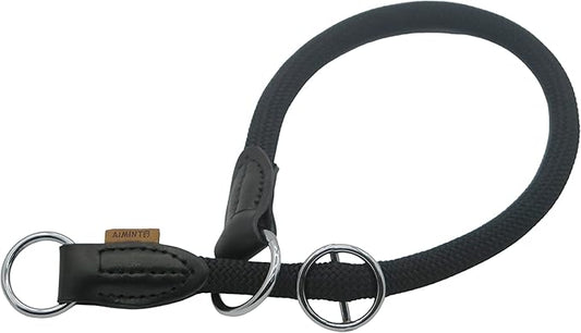 Braided Collar, Pro Training Dog Collar, No Pull Round Collar, Slip Collar with Slidable Stop Ring - Ideal for Medium/Large Dogs (M+(1/2") - 18" Long, Black)