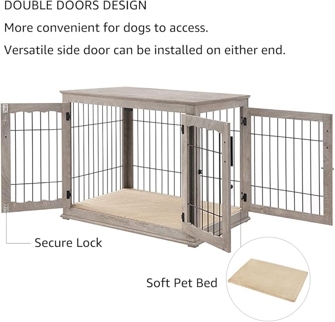 beeNbkks Furniture Style Dog Crate End Table, Double Doors Wooden Wire Dog Kennel with Pet Bed, Decorative Pet Crate Dog House Indoor Medium Large