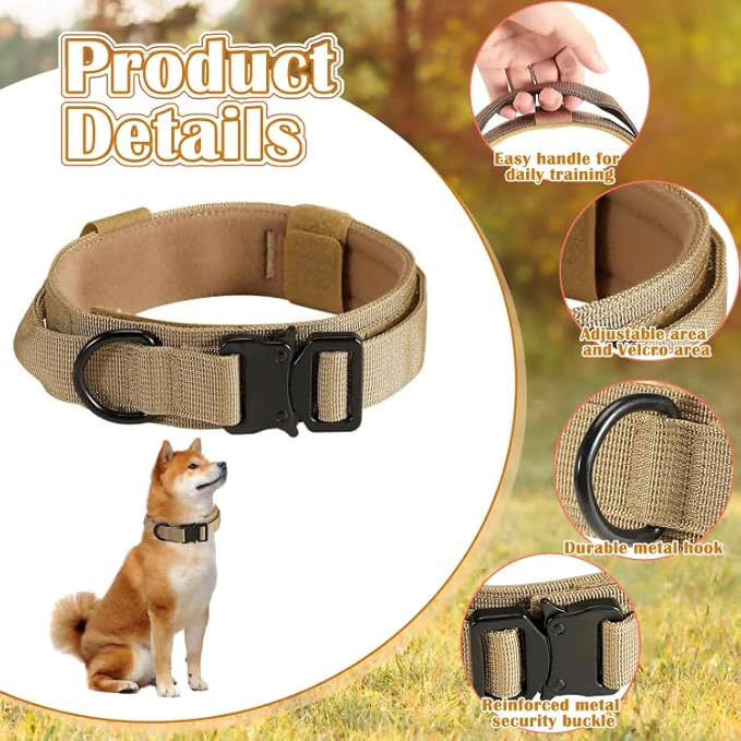 Tactical Dog Collar with Handle, Heavy Duty Military Dog Collar with Heavy Metal Buckle for Training, Adjustable Tactical Collars for for Medium and Large Dogs (XL, Brown)