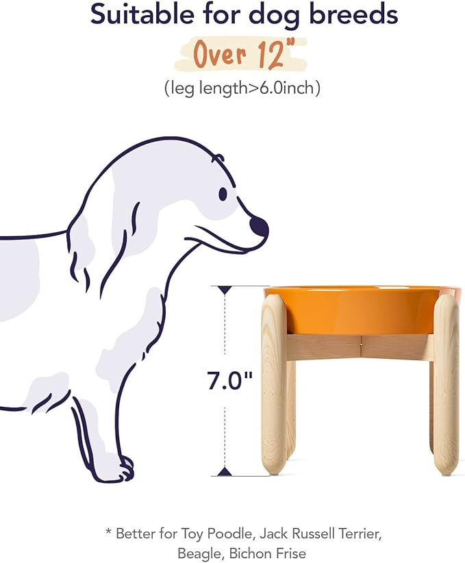 LE TAUCI Ceramic Slow Feeder Dog Bowls Elevated for Small and Medium Breed, Dog Bowls with Wooden Stand, 1.5 Cups Dog Dishes to Slow Down Eating, Anti-Gulping Pet Feeding Dishes, Sun Orange