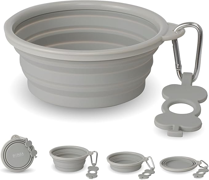 Bonza by Leash Boss Small Collapsible Dog Bowl, Sturdy Reinforced Rim, Includes Carabiner & Water Bottle Holder Keychain, Light Gray