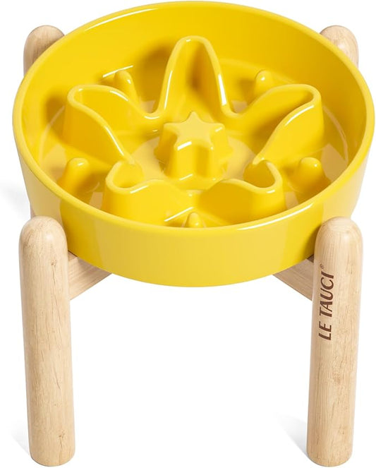 LE TAUCI Ceramic Slow Feeder Dog Bowls Elevated, 1.5 Cups Raised Dog Bowl with Wooden Stand for Small Medium Breed, Dog Dishes to Slow Down Eating, Puzzle Dog Food Bowl, Star Yellow