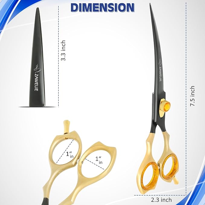 Dog Grooming Scissor- 7.5” Pet Shears, Japanese Stainless Steel Ergonomic Pet Grooming Scissor, Heavy Duty Sharp and Comfortable pet Scissors for Grooming, Dogs, Cats and Other Animals (Curved)