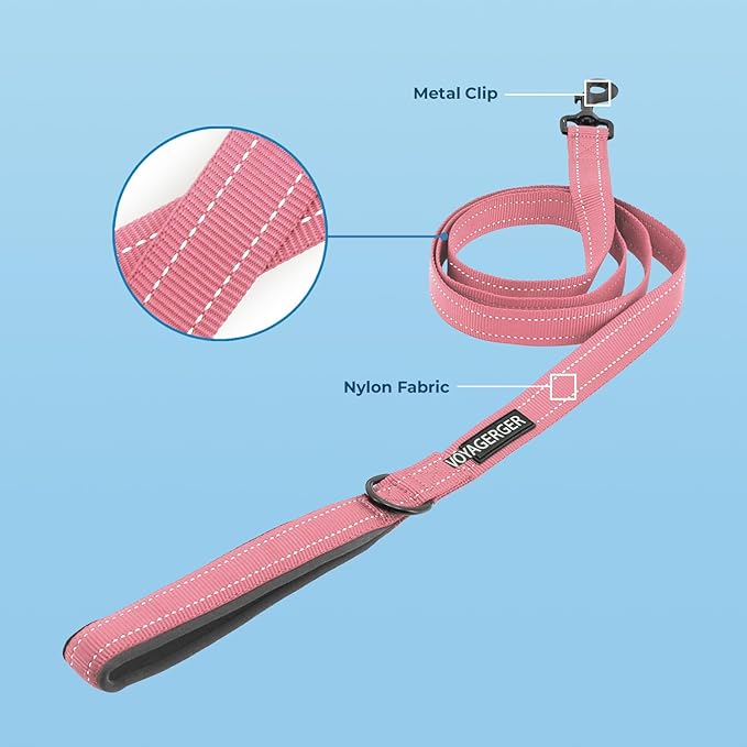 Voyager Reflective Dog Leash Collar Set with Neoprene Handle Supports Small, Medium, and Large Breed Puppies, Cute and Heavy Duty for Walking, Running, and Training - Pink, S