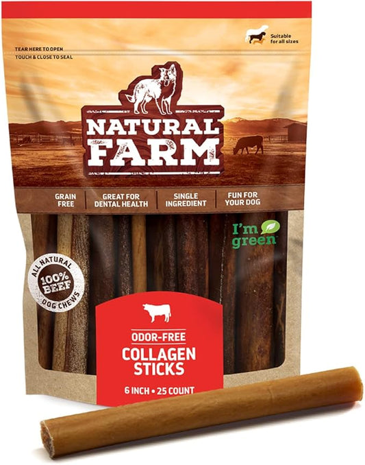 Natural Farm Collagen Sticks for Dogs (6 Inch, 25 Pack), Odor-Free Long Lasting Collagen Chews & Rawhide Alternative- 95% Collagen, Low Fat, High Protein- Best Dental Dog Treats – Medium & Large Dogs