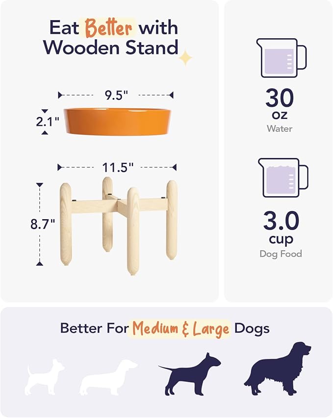 LE TAUCI Ceramic Slow Feeder Dog Bowl Elevated, 3 Cups Raised With Wooden Stand for Medium Large Breed, Dishes to Slow Down Eating, Puzzle Food Bowl, Sun Orange