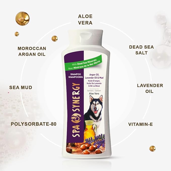 Pet Dog Shampoo Mud and Natural Dead Sea Mineral Rich, Aloe Vera & Vitamin-E, Anti Dandruff, Relief Psoriasis & Eczema, Moisturizing - Argan Oil & Lavender Oil - (1) Bottle 16.5 FL OZ