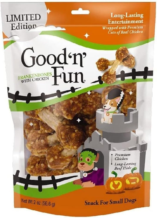 Good 'n' Fun FrankenBones with Chicken, 2 Ounce, Chews with Rawhide for Small Dogs