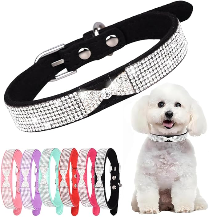 Black Diamond XS Dog Collar Girl, Rhinestone Cat Collars with Jeweled Crystal Sparkling Glitter Female Puppy Collar for XXS XS Small Dogs, XS