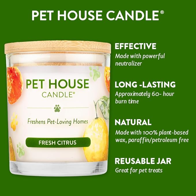 One Fur All - 100% Natural Soy Wax, 20 Fragrances - Odor Eliminator, Appx 60 Hrs Burn Time, Non-Toxic, Reusable Glass Jar Scented Candles – Pet House Candle, Fresh Citrus
