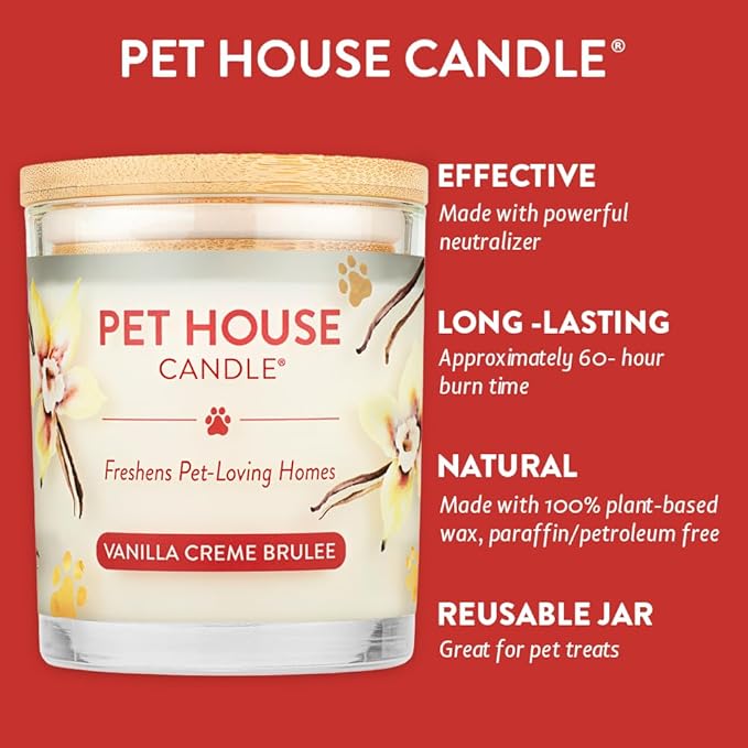 One Fur All Pet House Candle Plant-Based/Soy Candle - Clean Burning Scented Candles, Long Lasting Pet Odor Candle for Home - Vanilla Crème Brulee