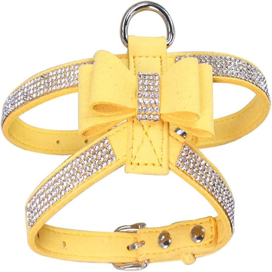 Weimostar Bow Tie Dog Harness Rhinestone Crystal Soft Bling Sparkly Diamond Jewel for XS Small Breed Girls Pet Cat Puppy Female Kitten Yellow XXS