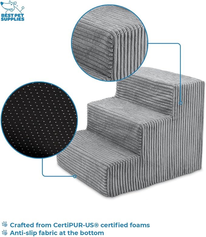 Best Pet Supplies Dog Stairs for Small Dogs & Cats, Foam Pet Steps Portable Ramp for Couch Sofa and High Bed Non-Slip Balanced Indoor Step Support, Paw Safe No Assembly - Gray, 3-Step