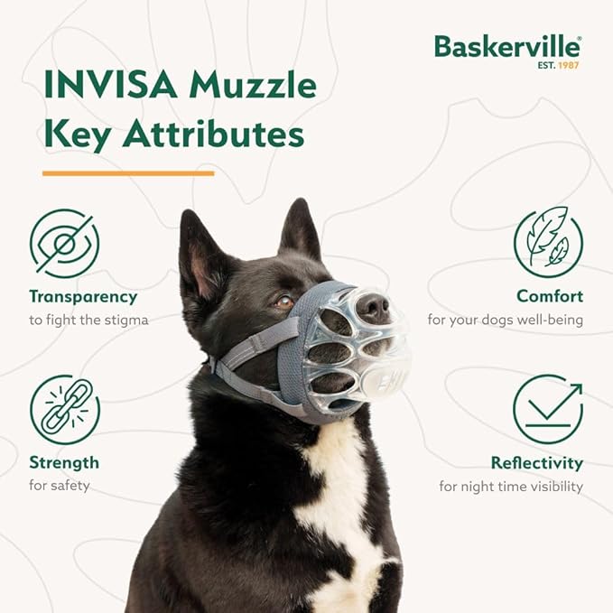 Baskerville INVISA Basket Dog Muzzle - Patented Humane Design with Facial Visibility, Padded Nose Band, Dog can Pant and Drink, Prevents Biting and Scavenging. Muzzle for Large Dogs (Size 5)