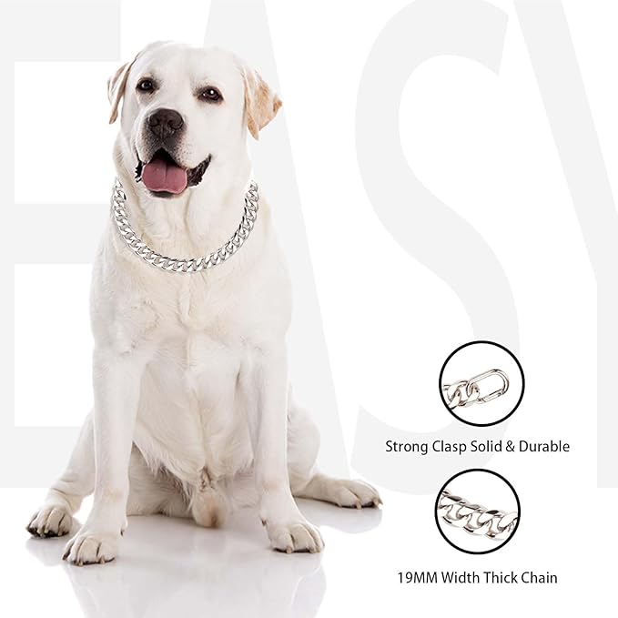 Cuban Link Chain Dog Durable Light Metal Dog Collar Silver Chain for Dog Cute Fashion Jewelry Accessories for Dogs Bulldog Pitbulls (19MM)(10)