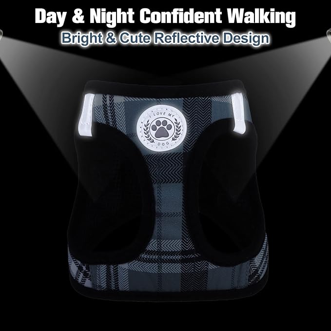 BEAUTYZOO Small Dog Harness and Leash Set,Step in No Chock No Pull Soft Mesh Dog Harnesses Reflective for Extra-Small/Small Medium Puppy Dogs and Cats, Plaid Dog Vest Harness for XS S Pets, Grey XS