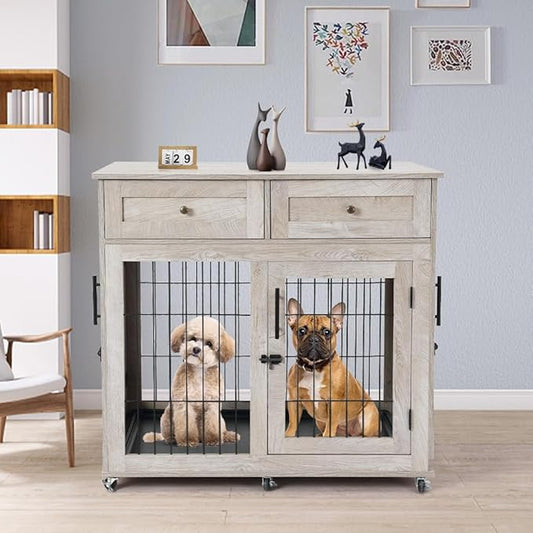 Double Dog Crate Furniture with 2 Drawers,Wooden Dog Crate End Table,2 Dogs Wooden Dog Cage Dog House for Small/Medium/Large
