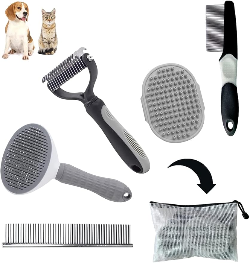 5PCS Grooming Kit for Dog,Puppy- Deshedding & Slicker Brush for Short-Haired Pets, Flea Comb and Grooming Comb Set Grey