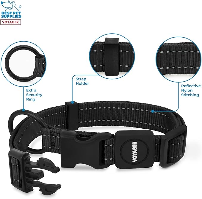 Best Pet Supplies Reflective Dog Collar with Adjustable Length, Heavy-Duty Buckle, and Strong Leash D-Ring, Training, Walking, Jogging Accessory for Small, Medium, and Large Breeds - Black, S
