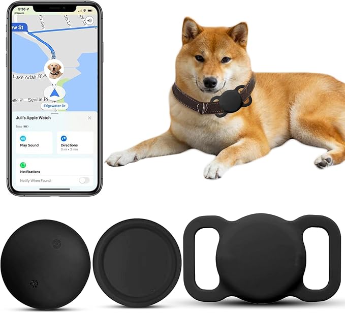 Dog Tracker with Collar Holder, Smart Pet Tracker, MFi Certificated Tracking Device, Waterproof Bluetooth, No Monthly Fee, Works with Find My, Not GPS Tracker (iOS Only), Black